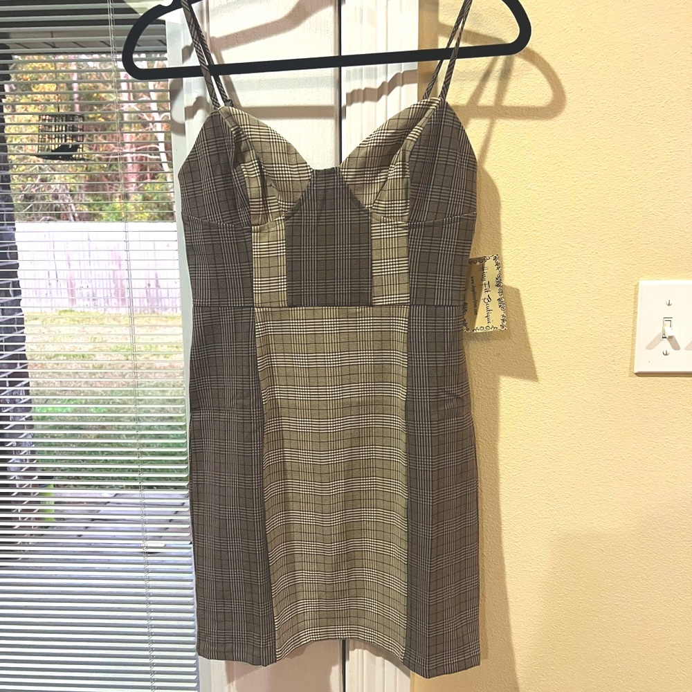 Brown/Tan Plaid Mini Dress with cupped top - Size S
